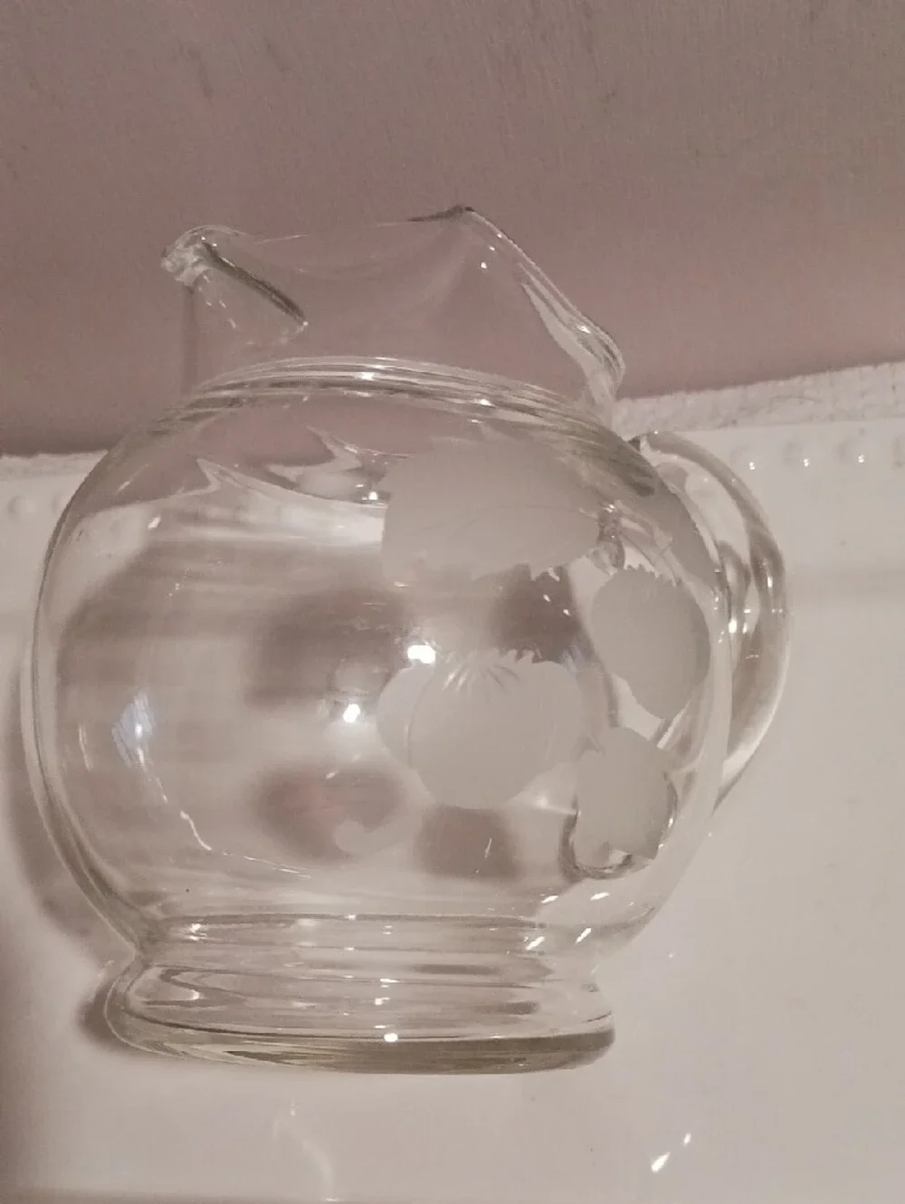 Elegant!⚜️ Etched Glass Mini Pitcher with Fruit & Leaf Motif